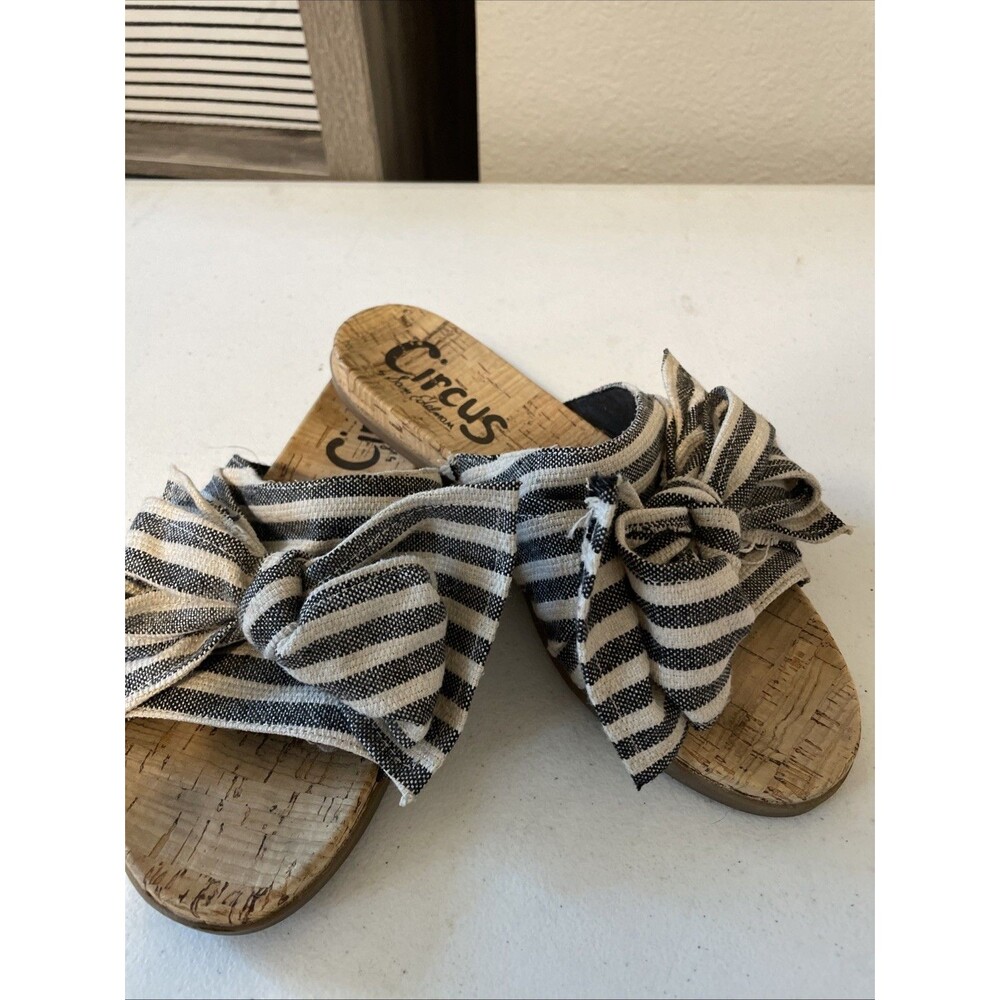 Circus by Sam Edelman Sz 8M Ninette Slides Striped Fabric Slip On Big Bow Cork